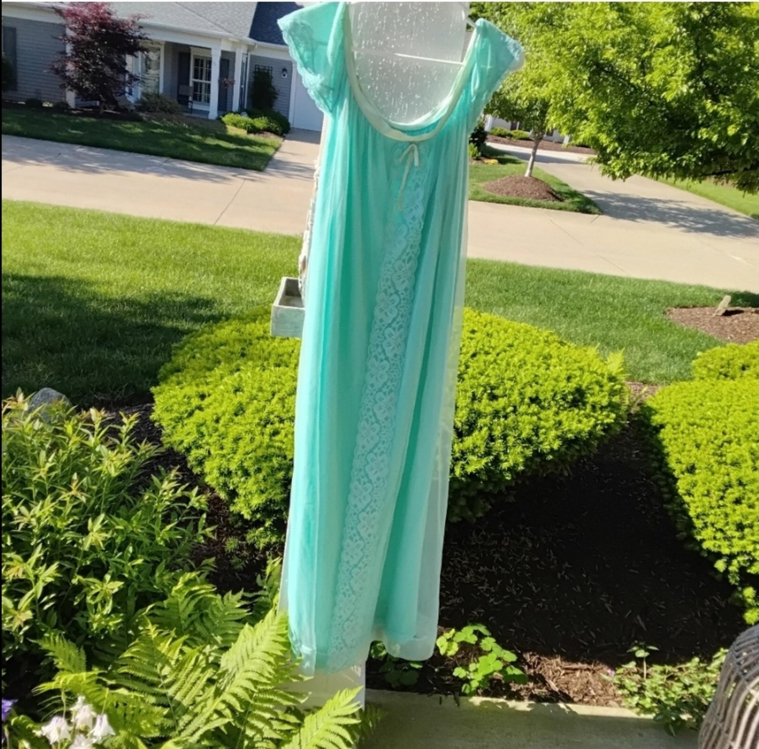 Vintage Blue Satin Lace Maxi Nightgown Women M