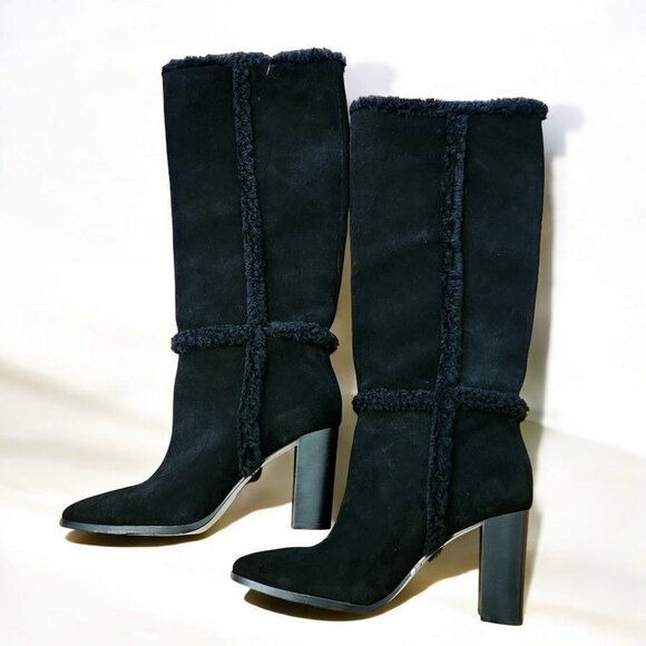 Lauren Ralph Lauren Aubri Shearling Black Suede Leather Tall Boots Sz. 9.5