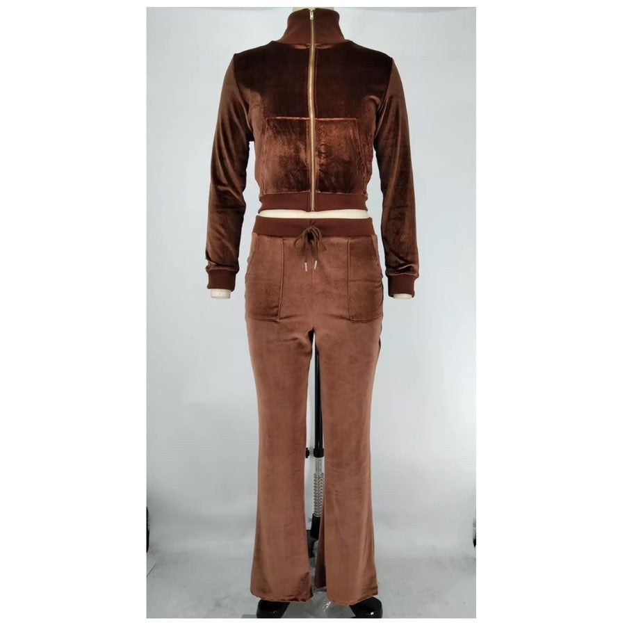 Women’s Two-piece Velvet Flare Sweatsuit - Brown Size XL