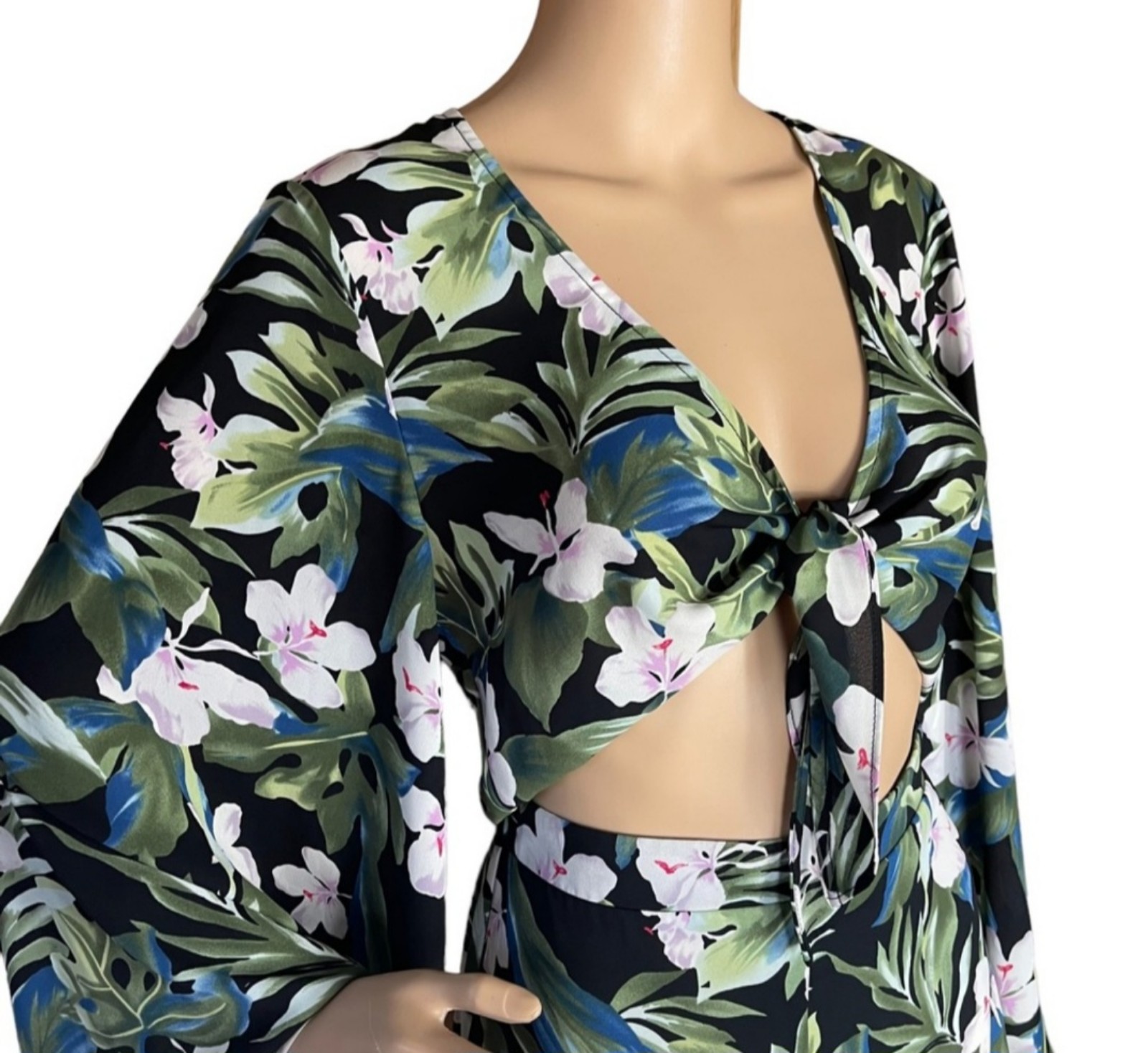 Show Me Your Mumu Charleston Black Tropical Tie Front Bell Sleeve Romper SMALL