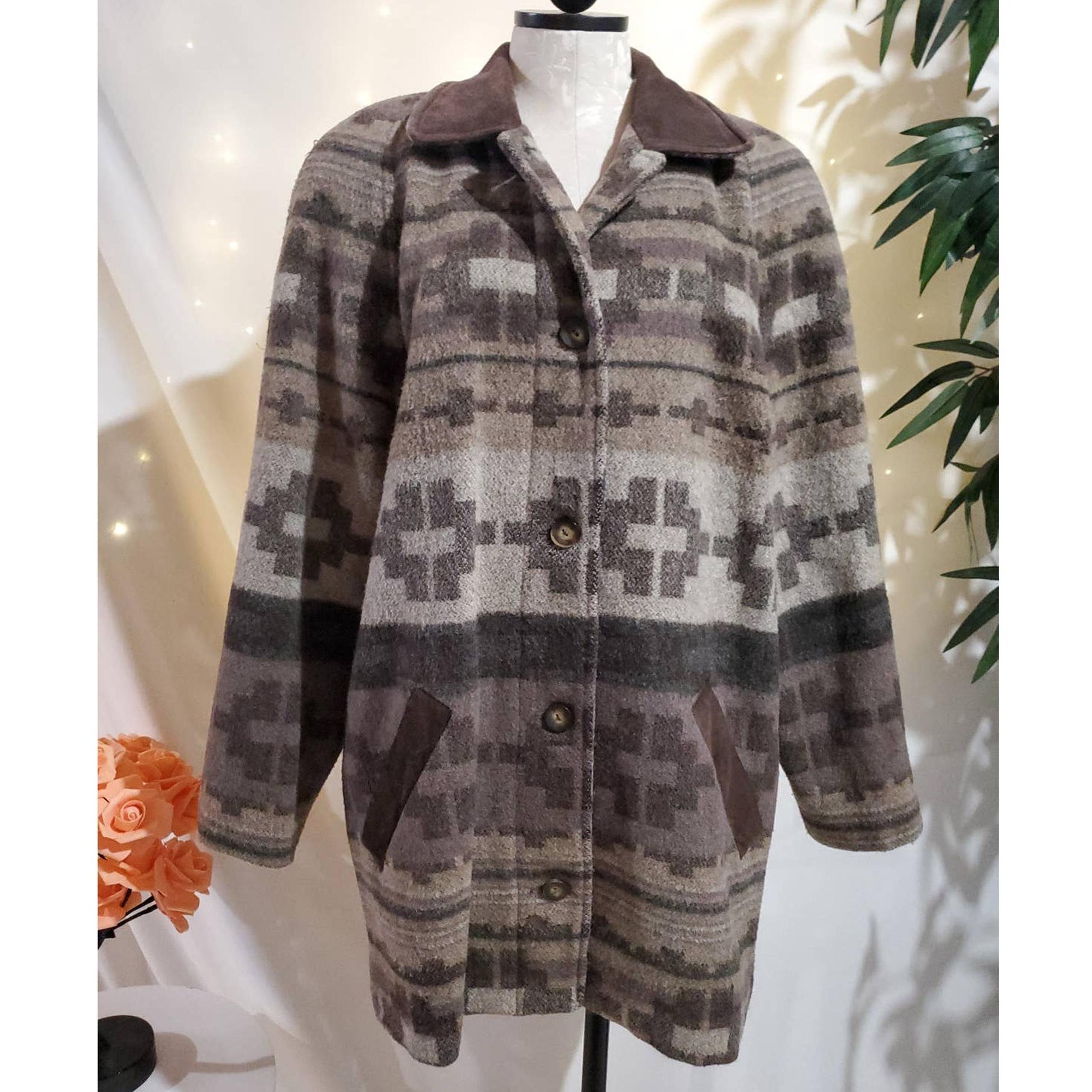 L.L. Bean Vintage Aztec Southwestern Wool Leather Blanket Jacket Womens Size L