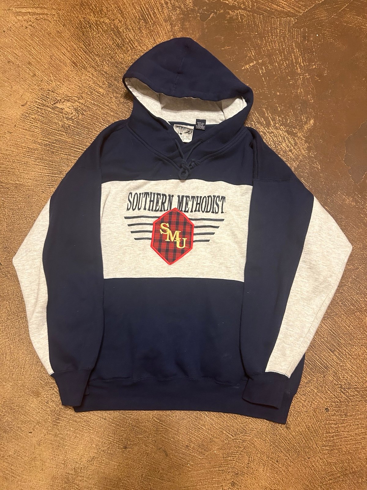 VTG 90s SMU MUSTANGS Hoodie Sweatshirt Navy Blue Mens size Large.