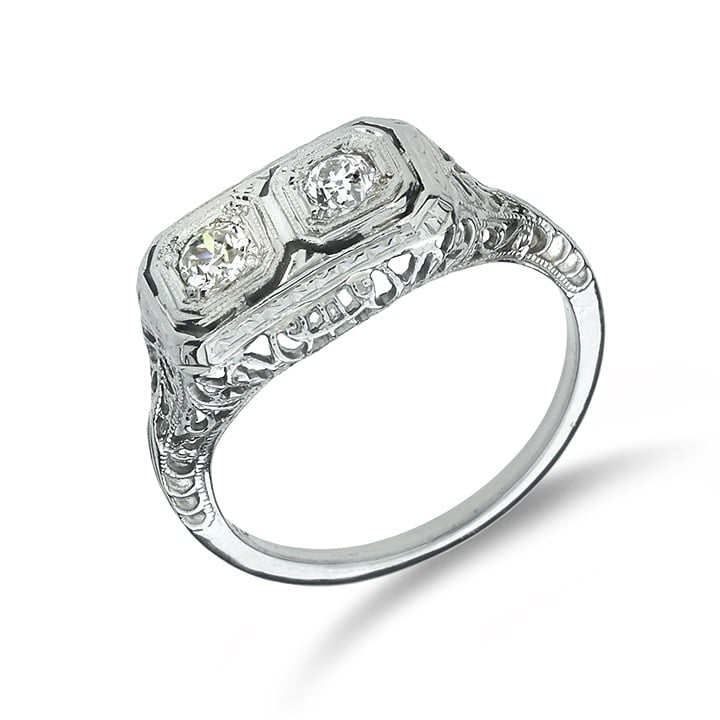 Edwardian 18K Wht Gold Old European 2 Natural Diamond Engagement Ring GR-3291-C