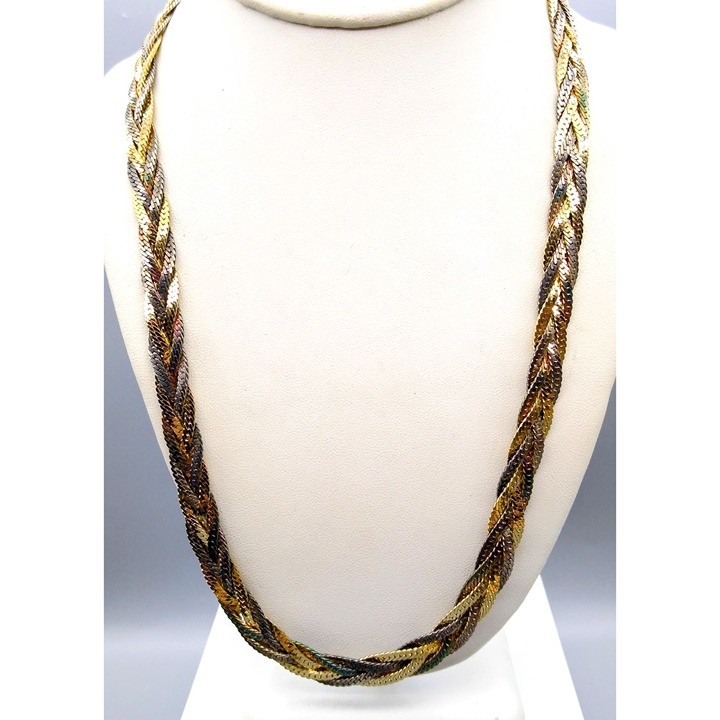 Vintage Braided Herringbone Chains Necklace, Woven Multi Strand Mixed Metals