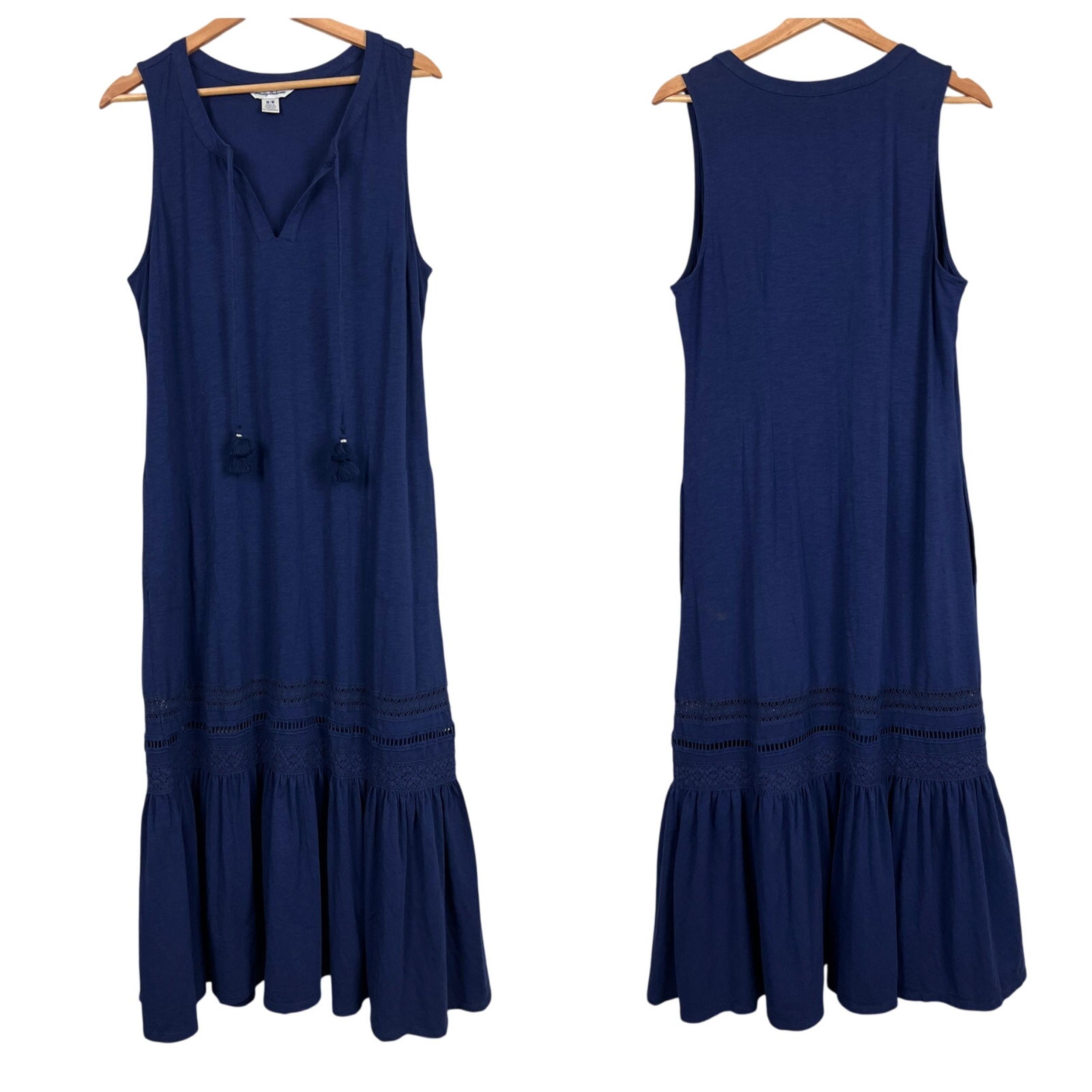 Tommy Bahama Women’s M Navy Boho Tassel Midi Dress Sleeveless Crochet Trim Beach