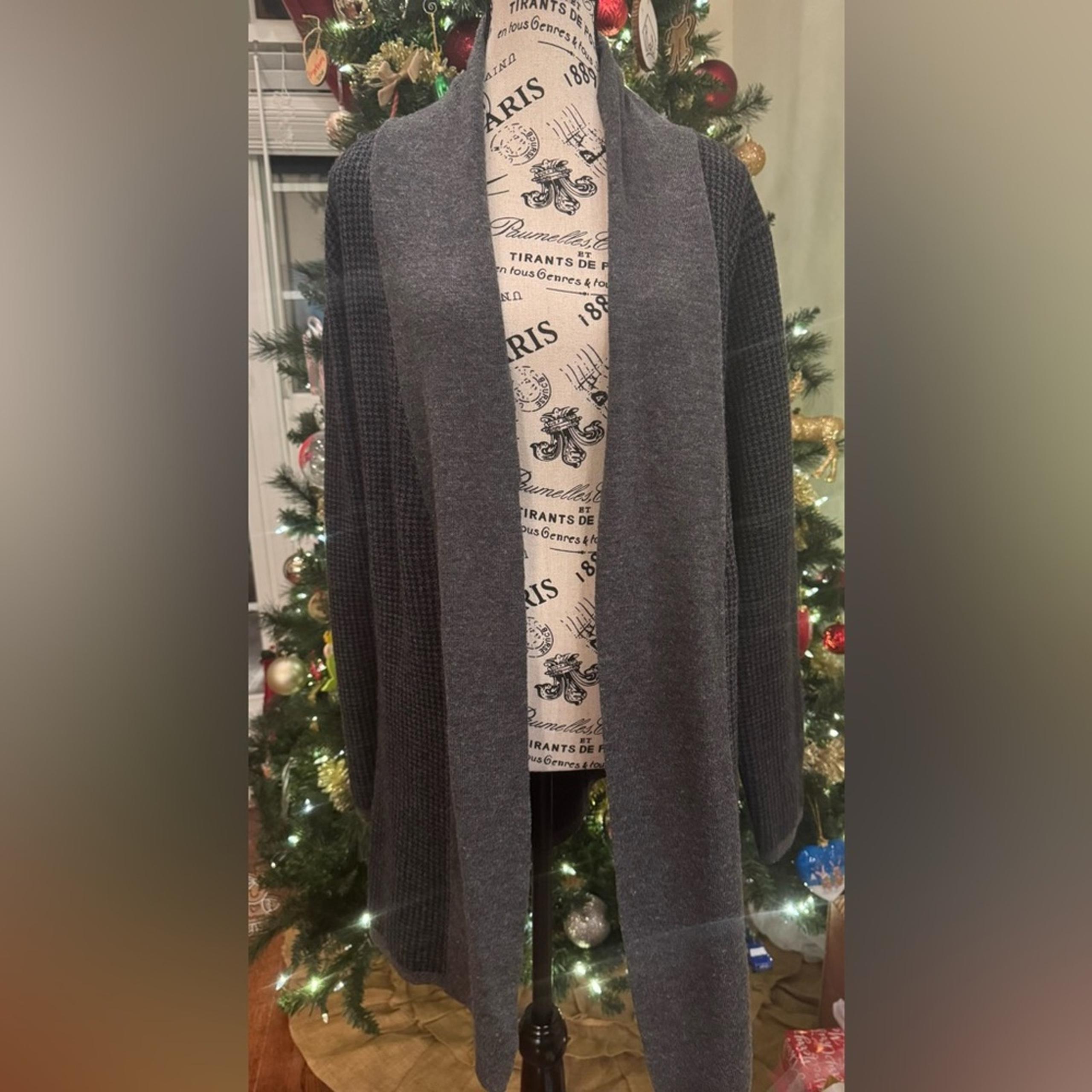 Gray Black Houndstooth Orvis Soft Wool Open Front Cardigan Sweater Longer Large