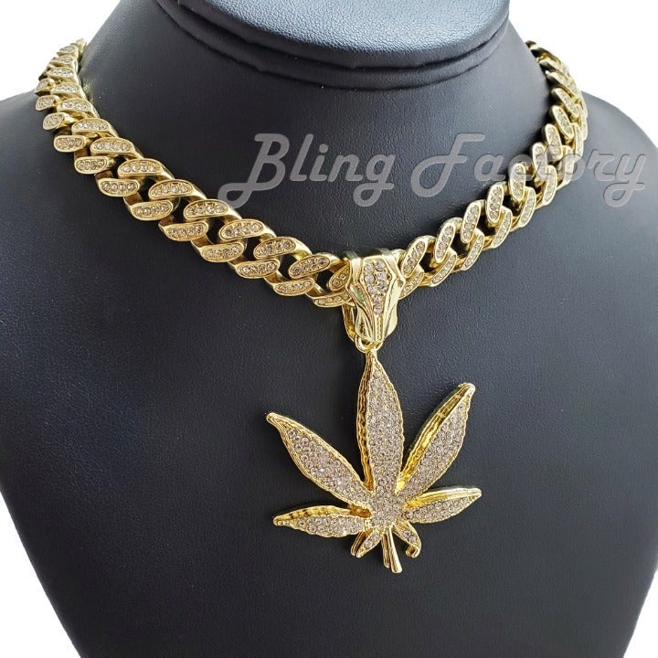 Marijuana Leaf Charm 18 Icy Cuban Chain
