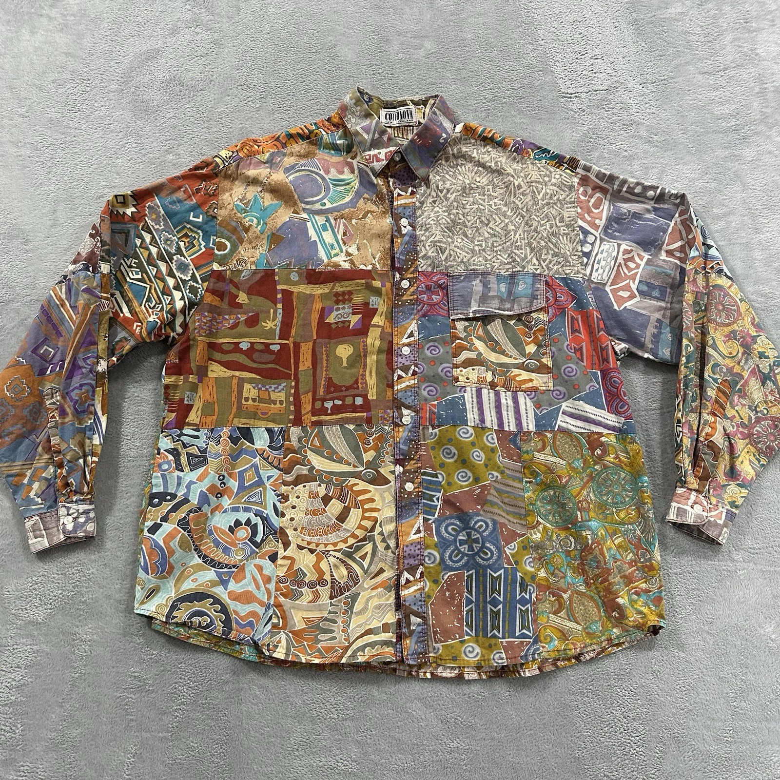 Cottonova New Zealand Button Shirt Long Sleeve Men XL Multicolor Artsy Vtg Y2K