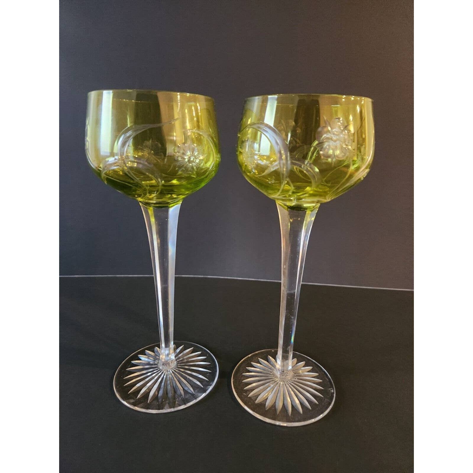 2 Vtg VAL ST LAMBERT? Citrine Cut To Clear Crystal Wine Hocks Glasses ~New Years