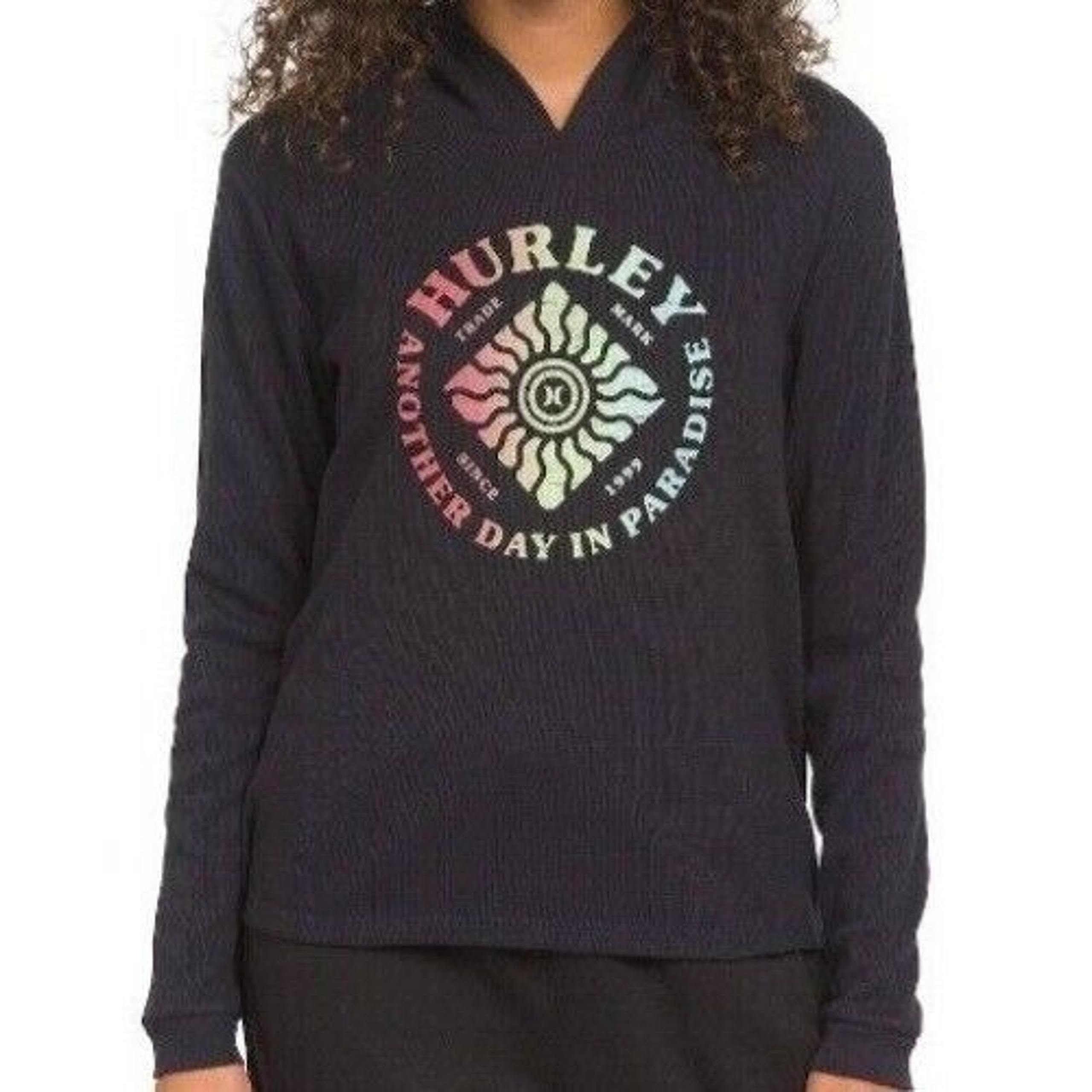 Hurley Sweatshirt Women's XS Black Hooded Thermal Juniors Long Sleeves Colorful
