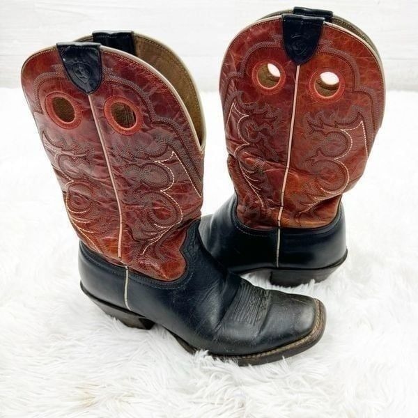 Ariat Square Toe Red & Black Embroidered Leather Western Cowboy Boots 7