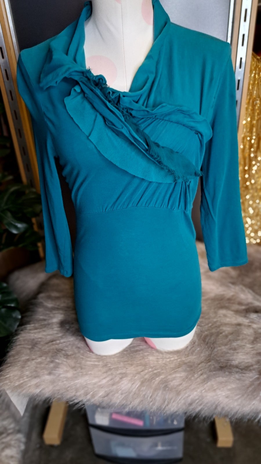 Ric Rac Teal Blue Ruffle Boho Anthro Blouse Shirt Top Womens Small Stretch