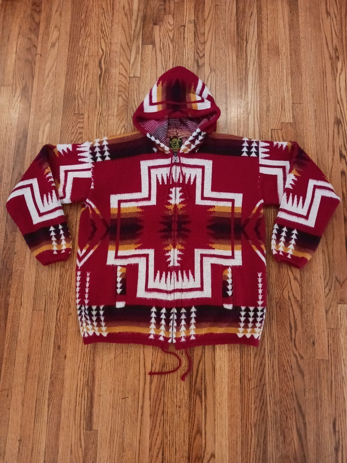 Vintage Tejidos Ruminahui Aztec Full Zip Fuzzy Soft Hooded Boho Sweater Jacket L
