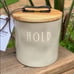 NWT Rae Dunn Beige HOLD” Ceramic Canister Cellar with wood lid & leather handle