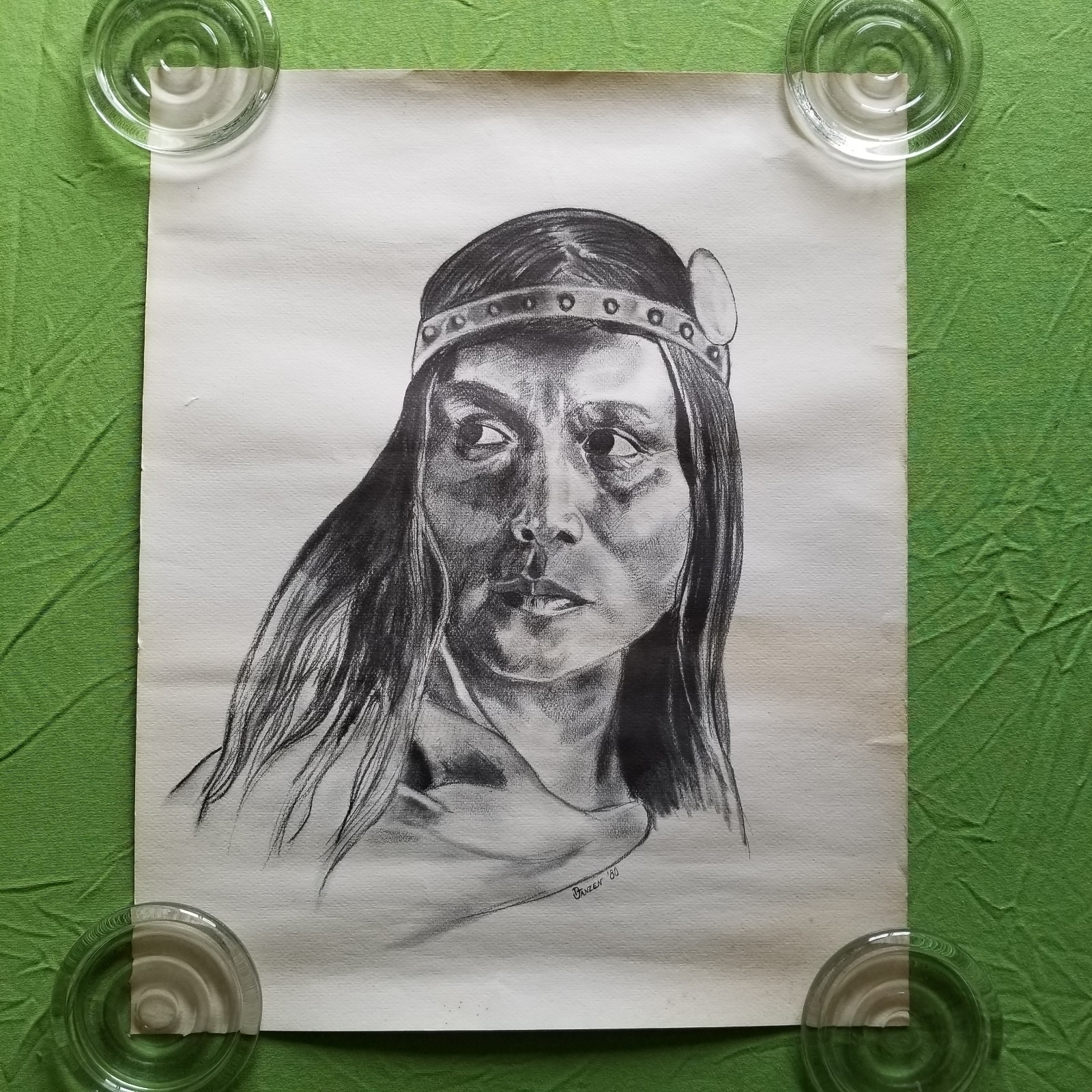 Janzen Charcoal Pencil Print Poster 1980 Native American Woman Michael David ?