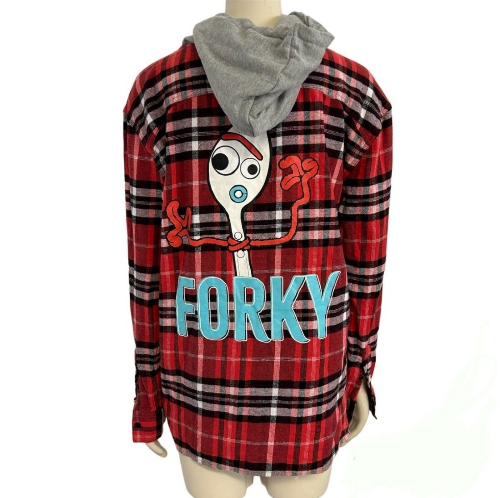 Disney Forky Toy Story 4 oversized flannel plaid button down with hood size S