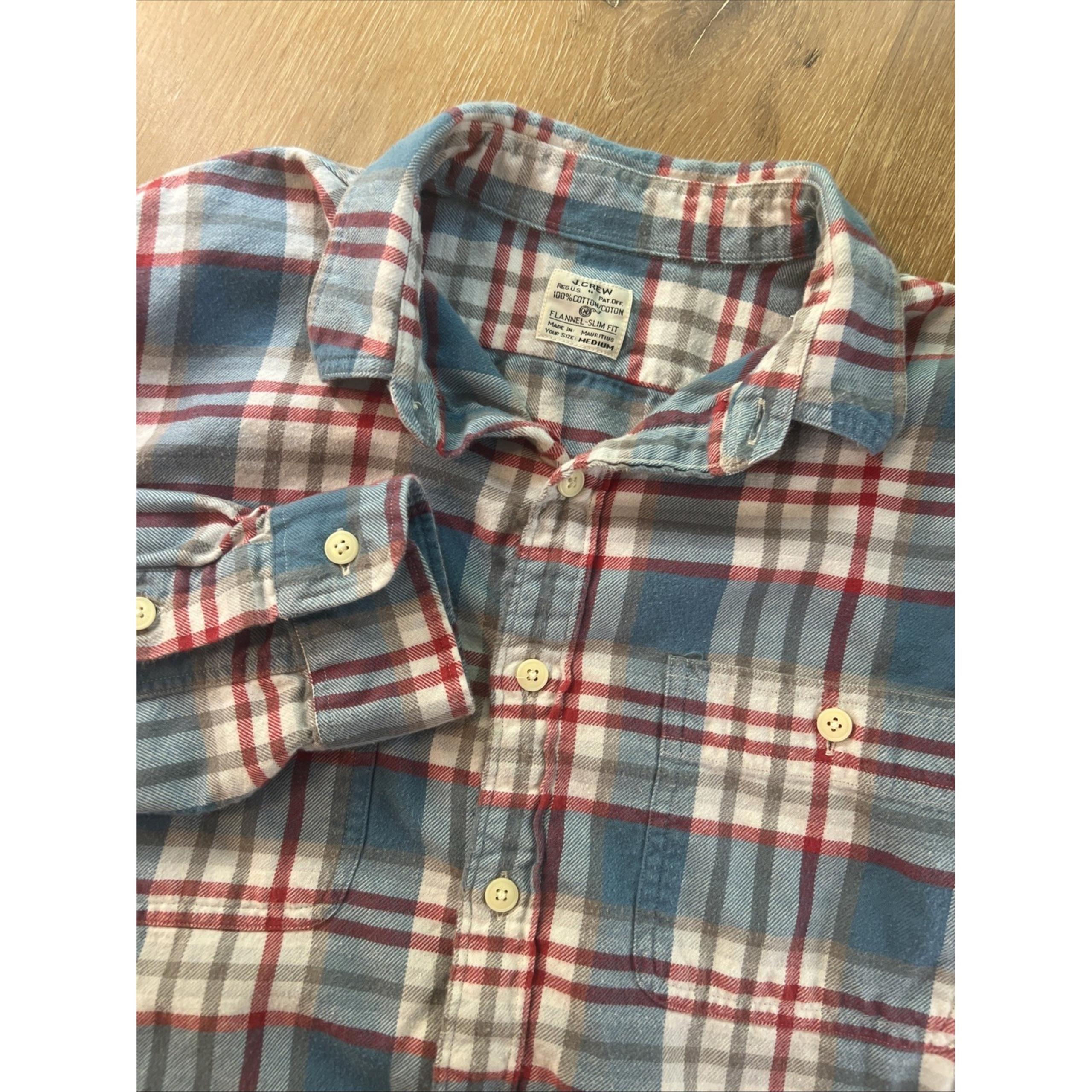 J Crew Shirt Mens Medium Flannel Slim Fit Blue Red Grey Plaid Button Down
