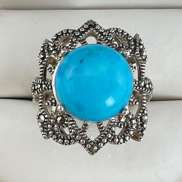 JNY Sterling Silver Blue Stone Marcasite Ring Size 8 Statement Ring