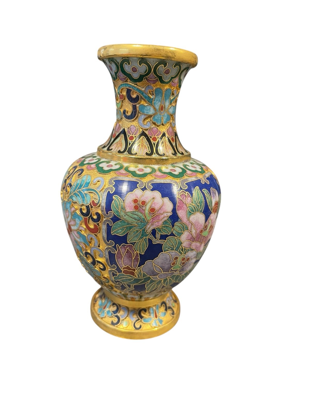 Vintage Chinese Champleve Cloisonne Floral MultiColor 5.25” Baluster Vase EUC