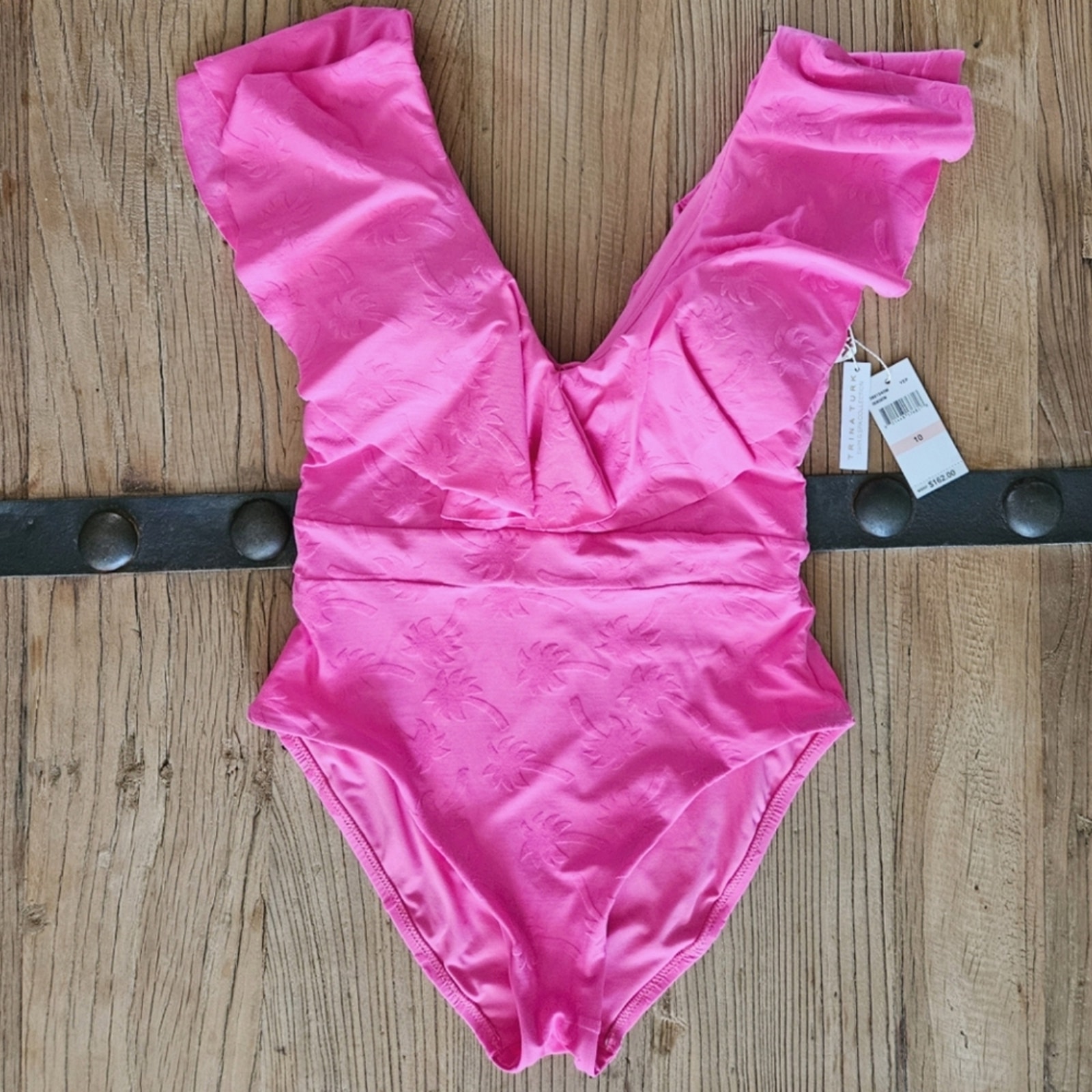 Trina Turk Swim and Spa Collection Pink Ruffle Palm Print Swimsuit sz 10 New