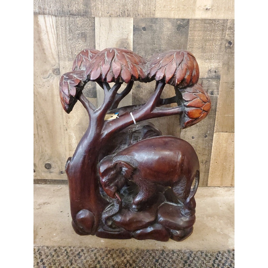 Elephants Under Banyan Tree Carved Wood Display Piece Table Shelf Decor ~12