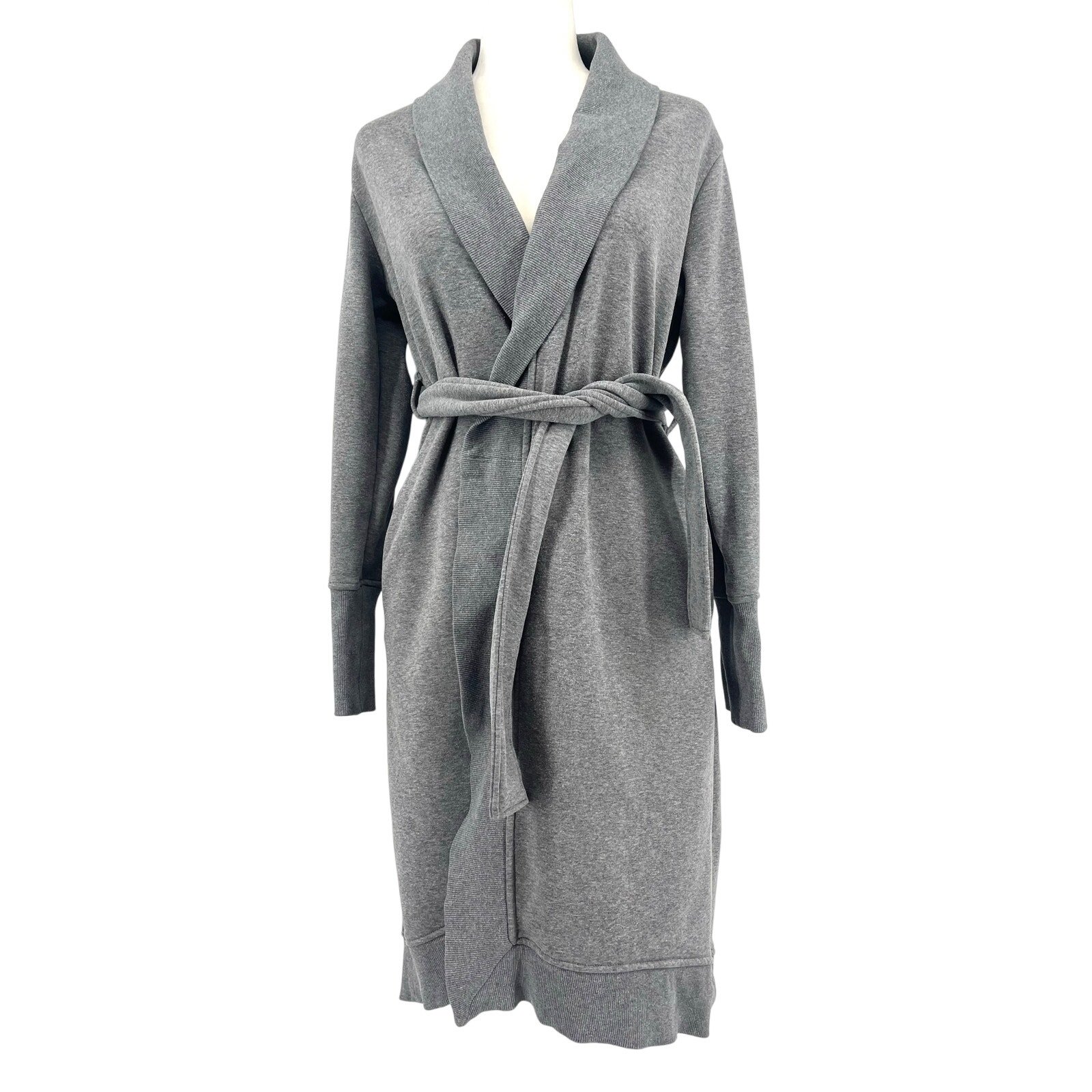 UGG Gray Cotton Fleece Robe Tie Waist Ribbed Trim Scalloped Hem Cozy (XS)