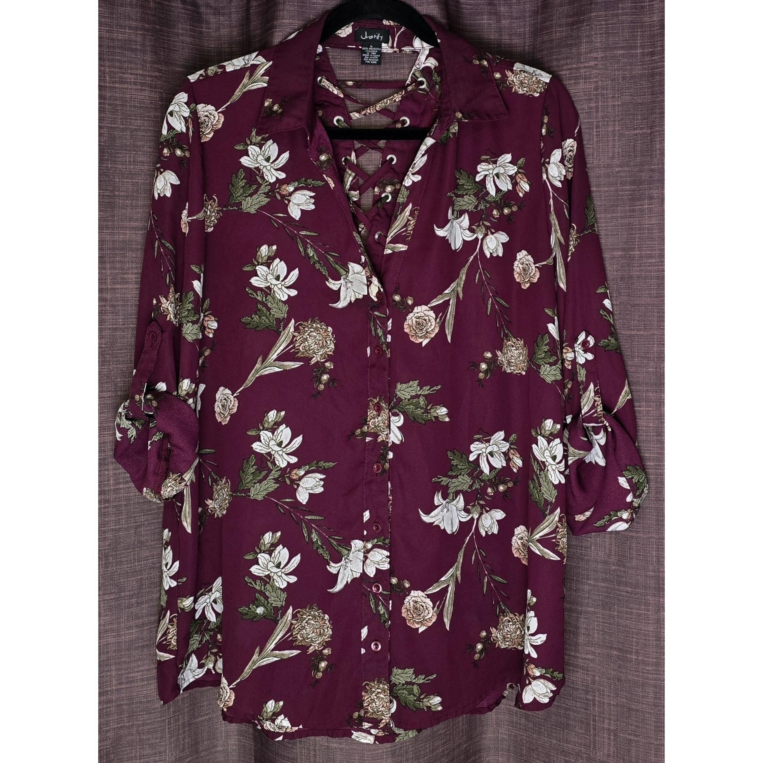 Justify Womens L Blouse Maroon Floral 3/4 Tab Sleeve V Neck Back Cutout Button