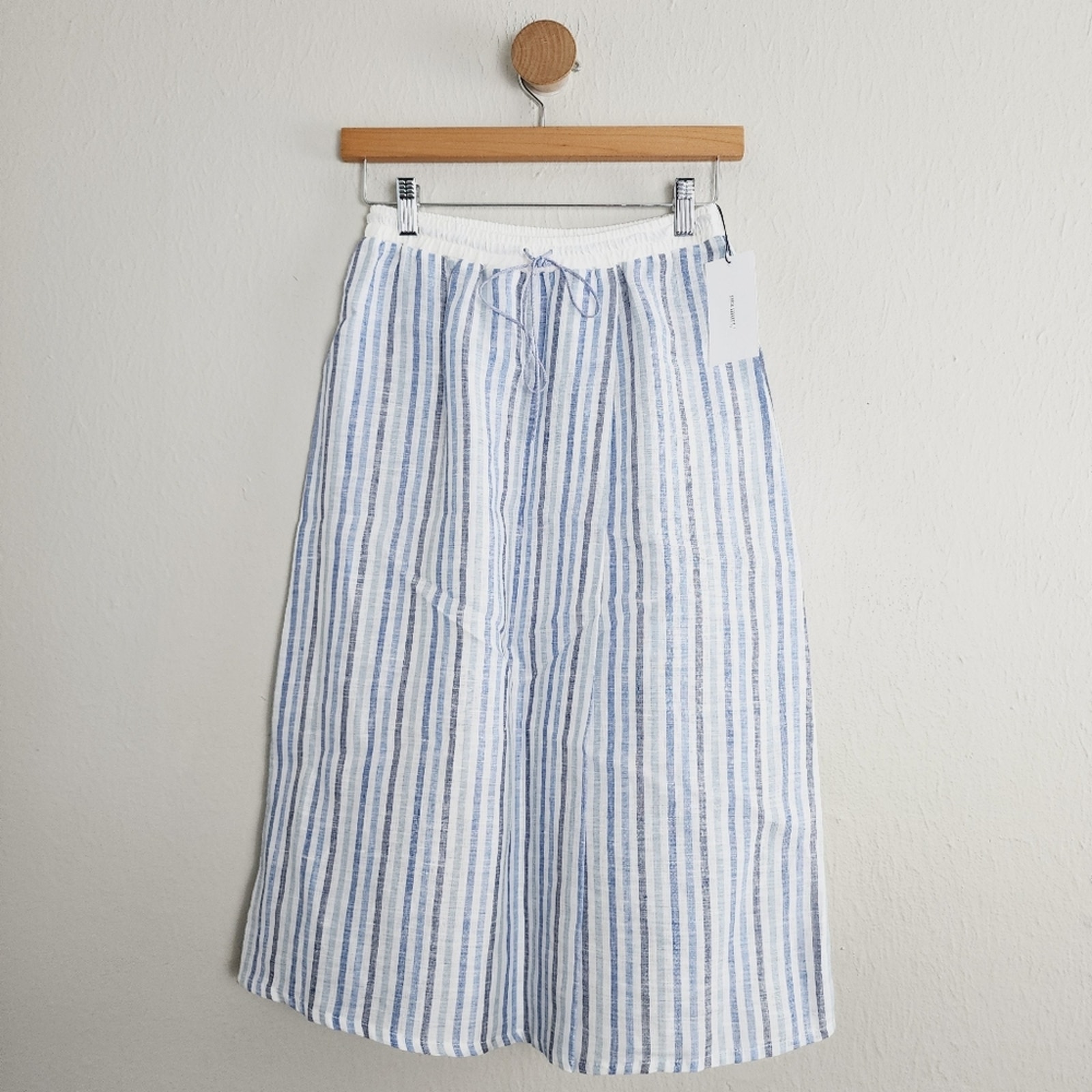 NWT Sita Murt Blue Stripe Knee Length Drawstring Linen Skirt