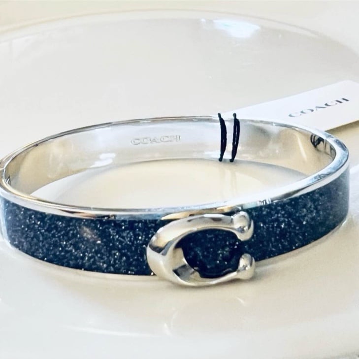 COACH Enamel Buckle Bangle Hinge C Logo Bracelet Sparkly Blue And Silver NWT
