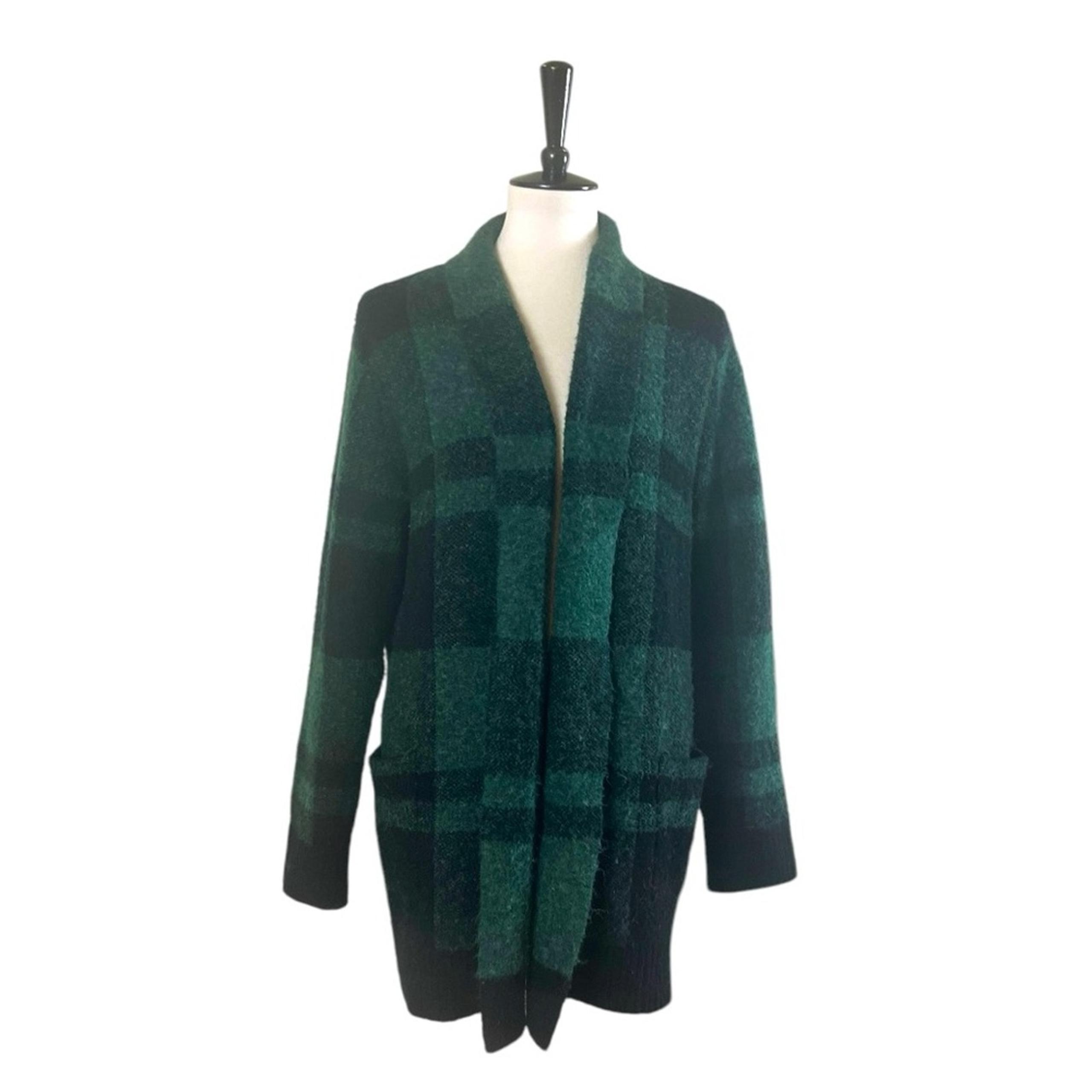 Cyprus Cardigan Open Front Shawl Collar Hunter Green Black Plaid Women’s Large