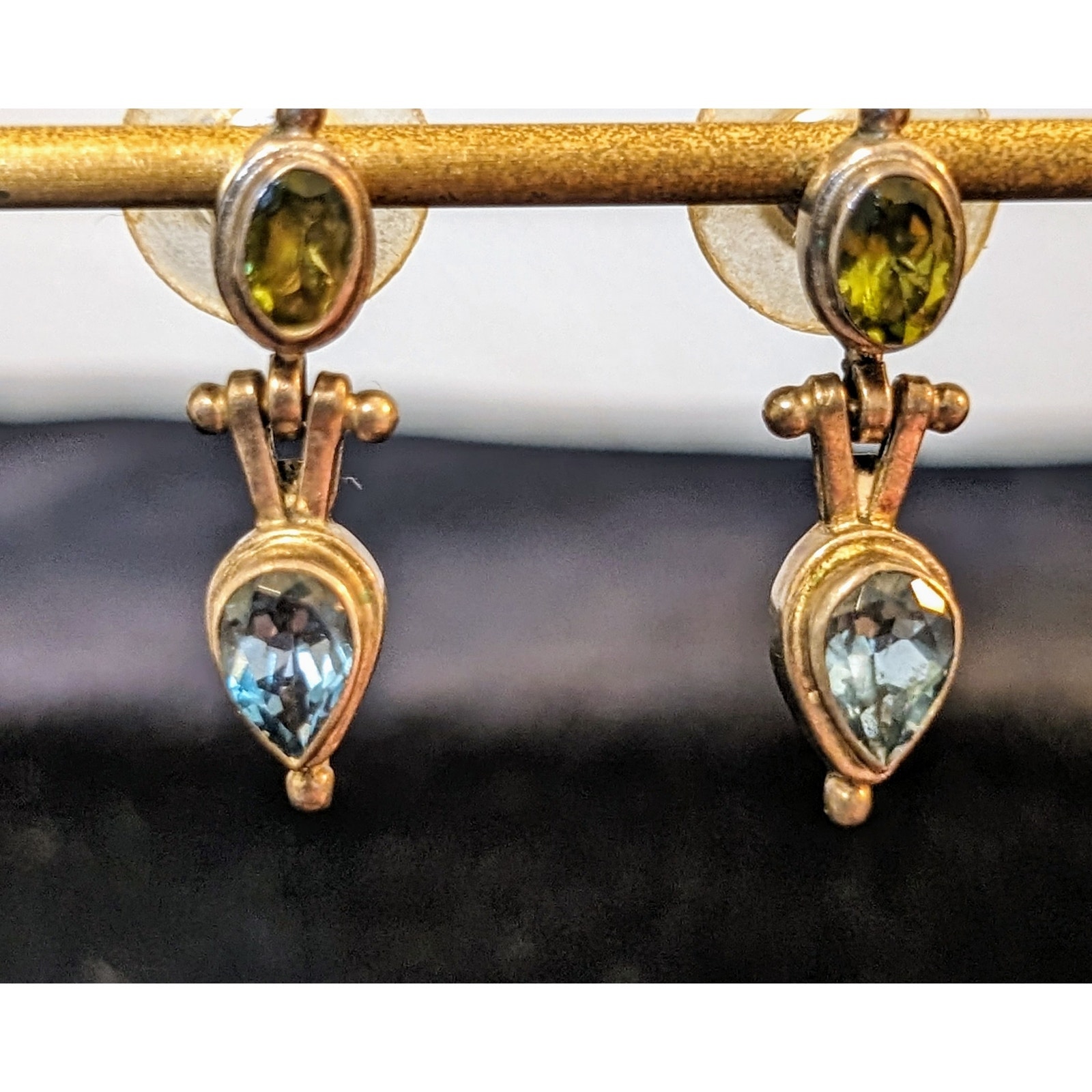Vintage 1990s 925 Sterling Peridot & Blue Topaz Hinged Dangle Post Earrings