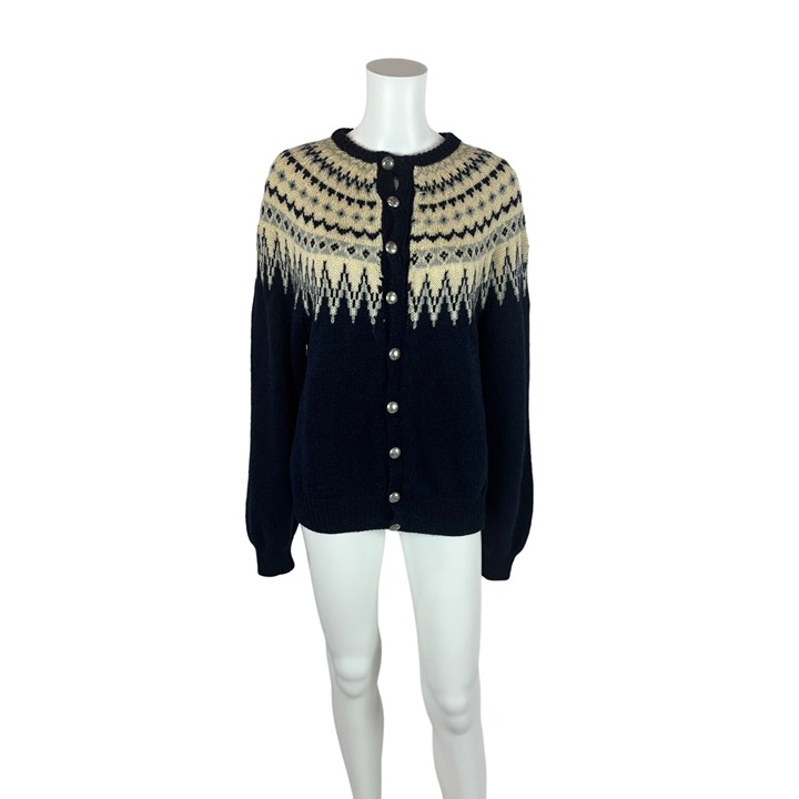 Vintage 50s Nordic Sweater Women's Medium Navy Blue Fair Isle Wool Cardigan