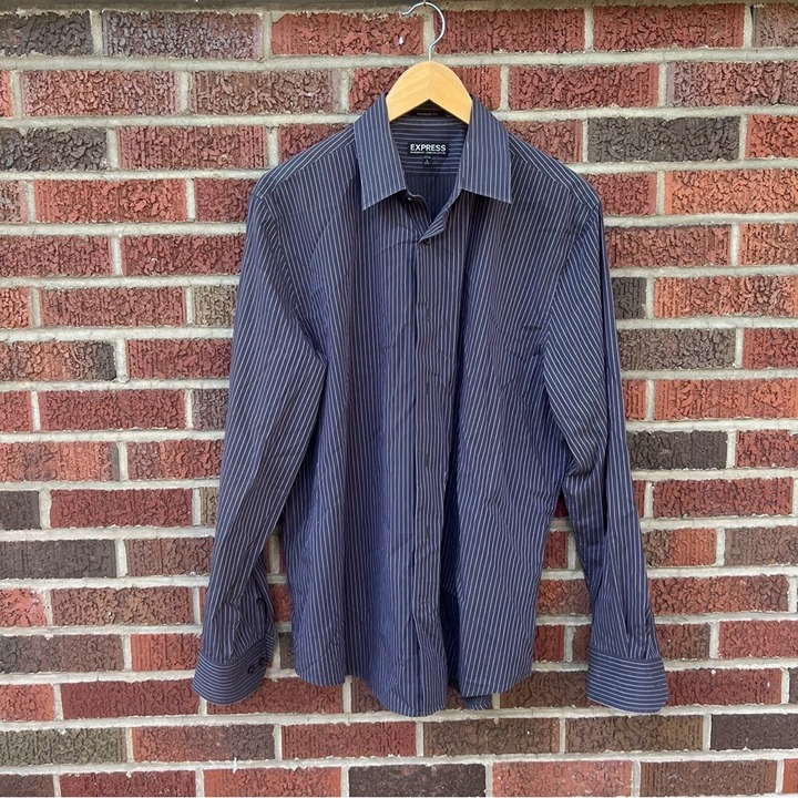 Express Dark Gray and Purple Striped Collared Long Sleeve Dress Shirt
