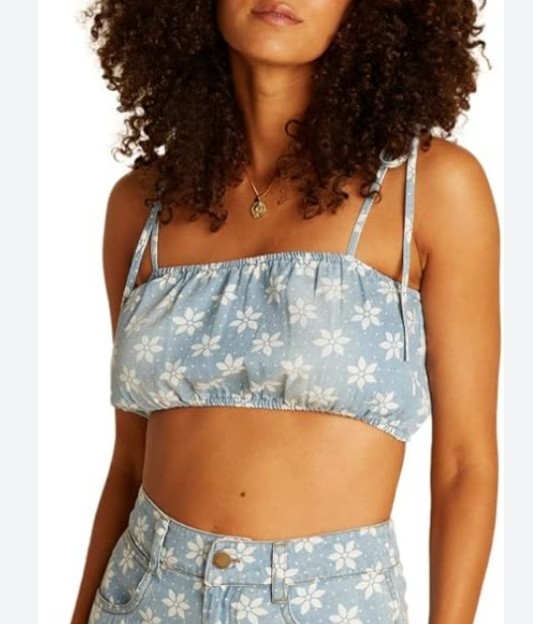 NWT BILLABONG X Wrangler Perfect Pair Top Cropped Blue floral Tie Shoulder Sz M