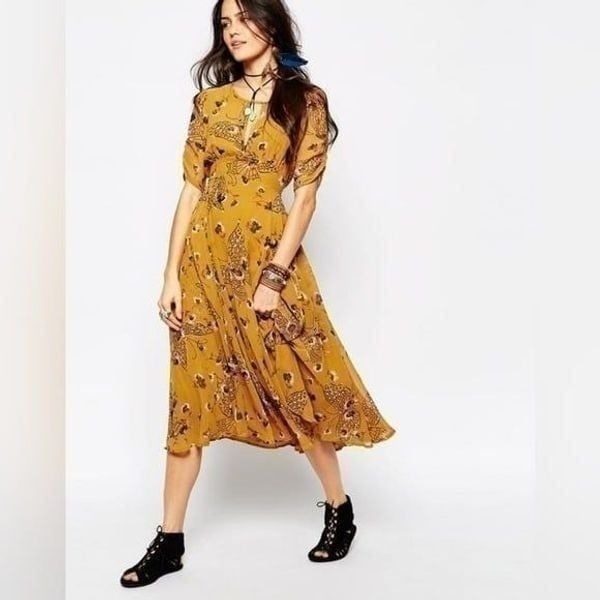 NWT Free People Mustard Yellow Bonnie Butterfly Keyhole Boho Midi Dress 2