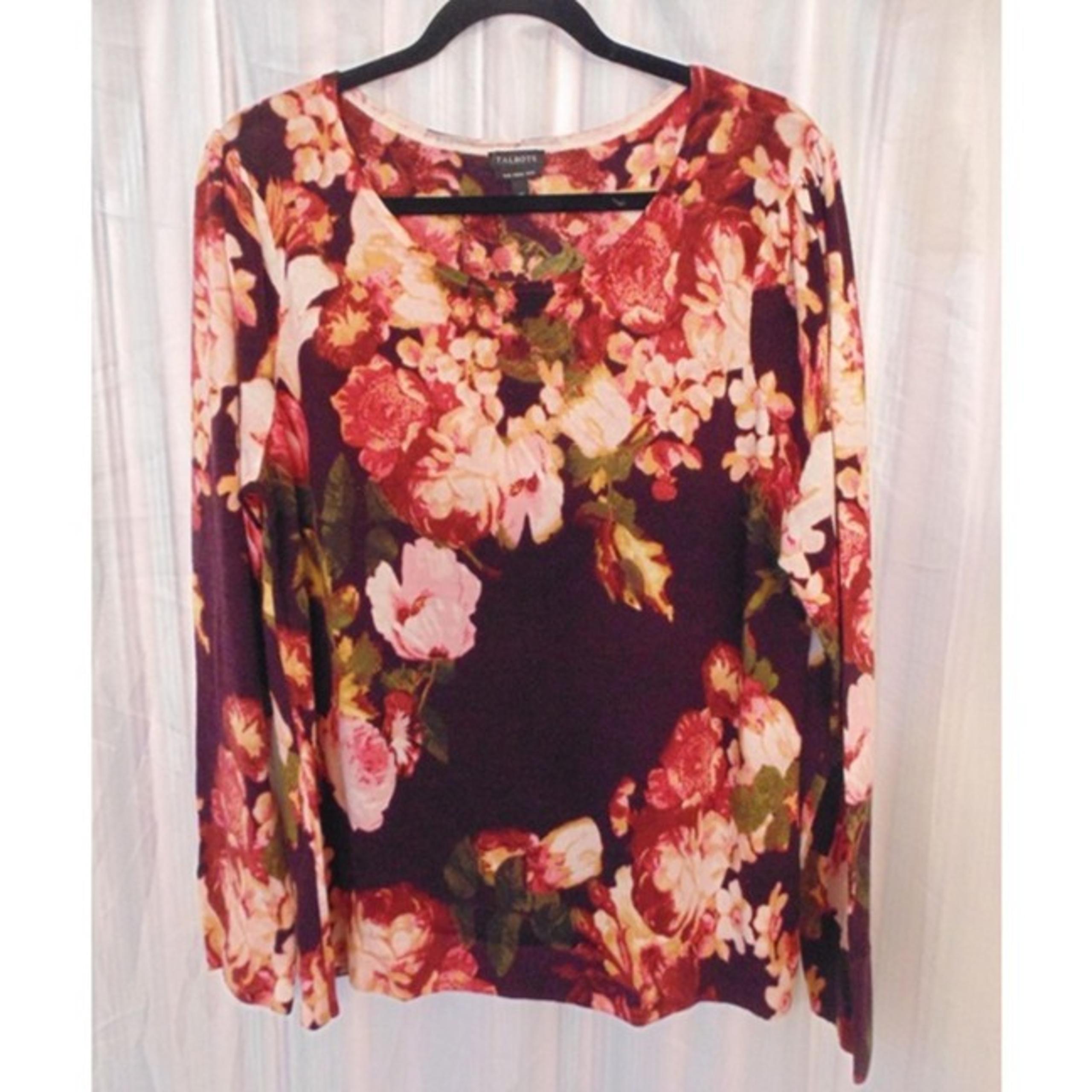 Talbots Sweater Merino Wool Size XL Purple Floral Long Sleeve Shirt Scoop Neck