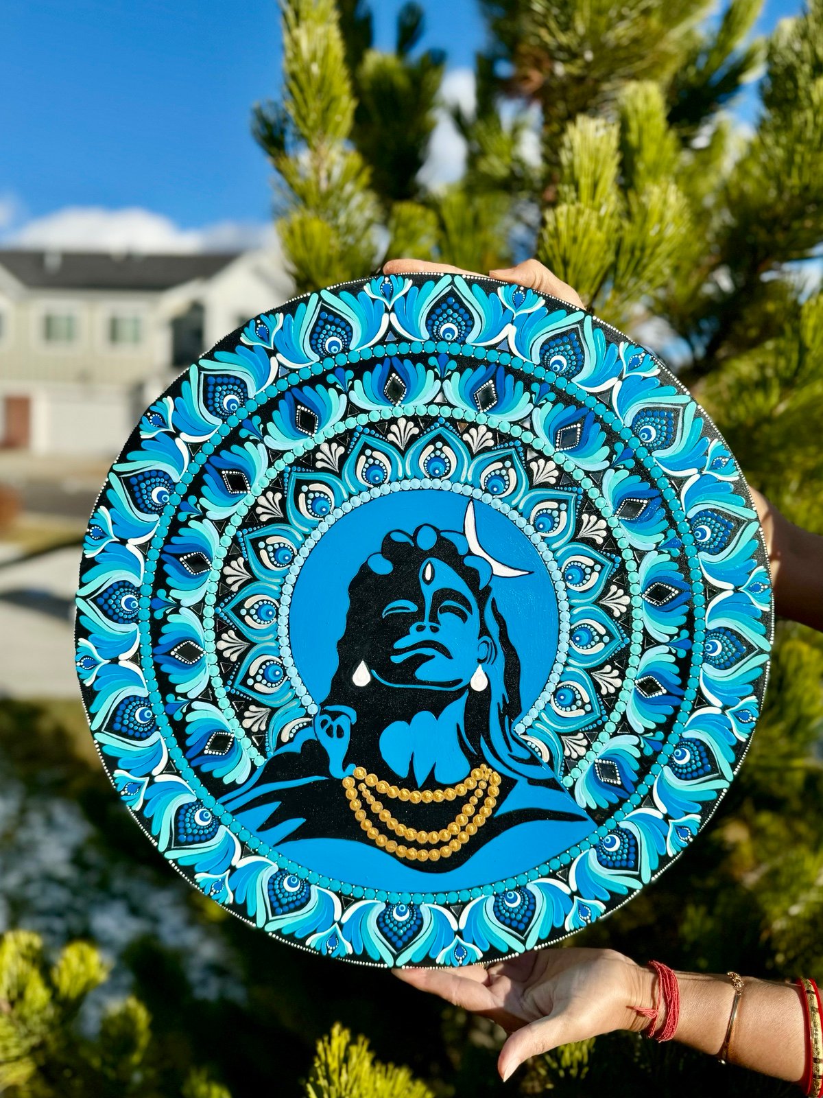 **Handcrafted 18-Inch Blue Mandala Art on MDF Board with Adi Yogi **