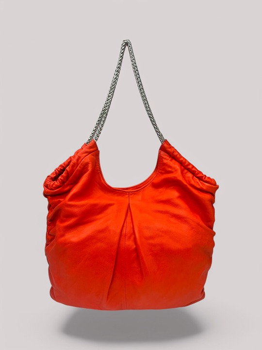 Elie Tahari Vintage Red Lambskin Leather Ruched Chain-link Hobo Bag
