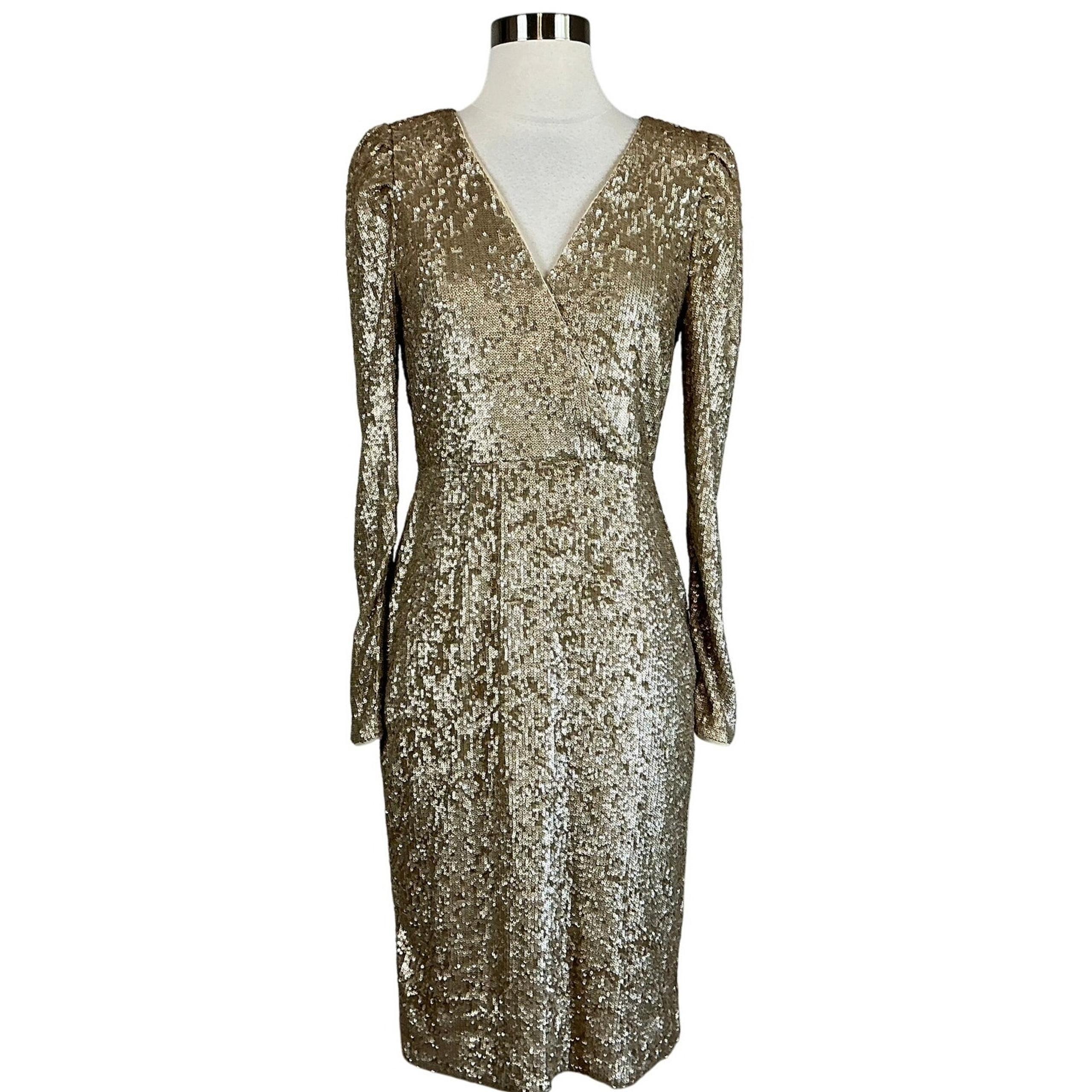 Donna Karan Women's Cocktail Dress Size 10 Gold Sequined Long Sleeve Midi Sheath