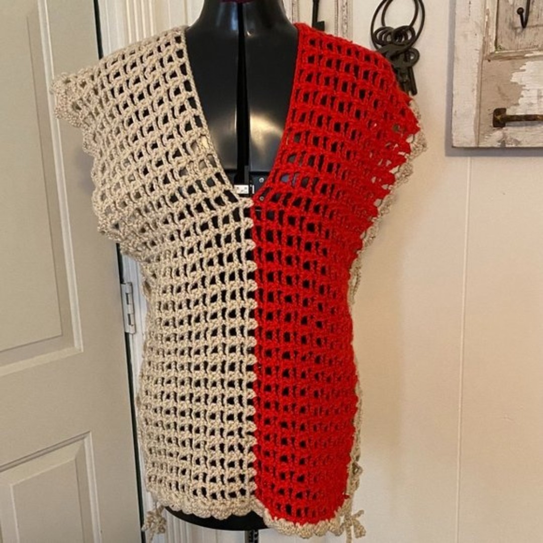 Vintage 70's Hand Crocheted Boho Womens Vest One Size