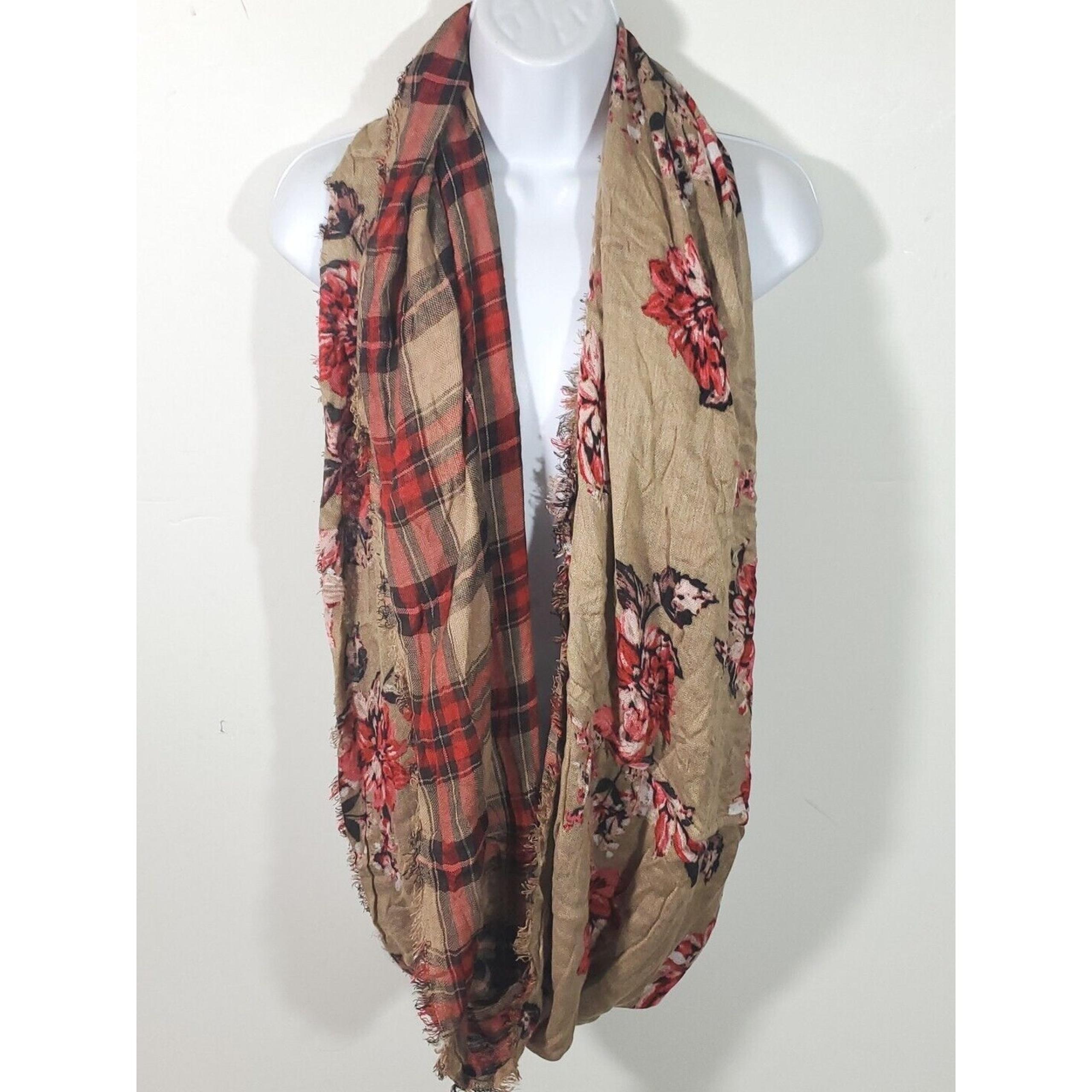 Maurices Reversible Floral Plaid Raw Hem Infinity Red Tan Soft Neckwarmer Scarf