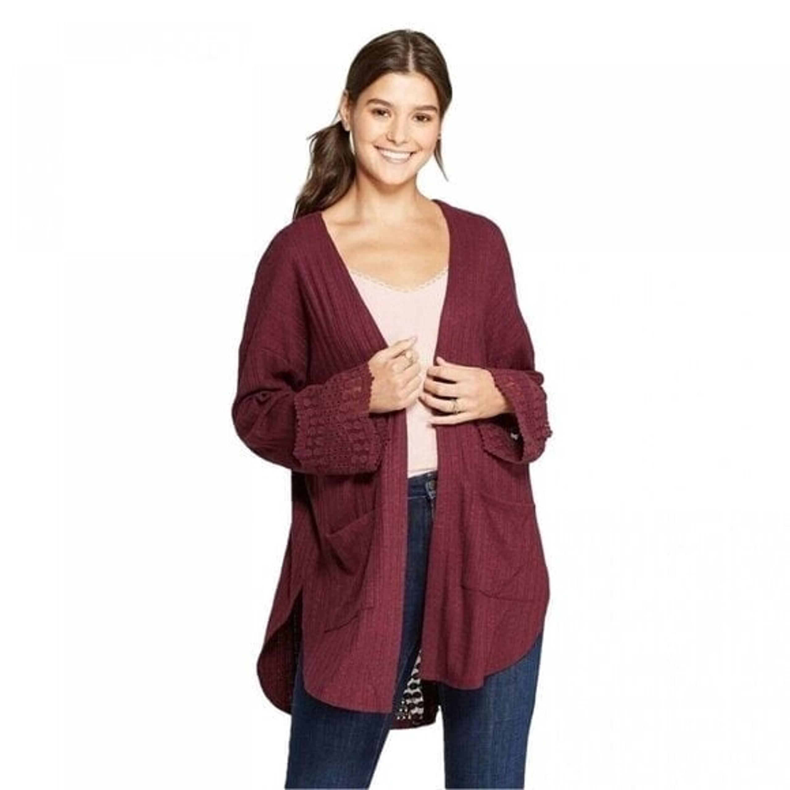 Xhilaration Open Cardigan Sweater Women’s Size  Medium Burgundy Lace Details