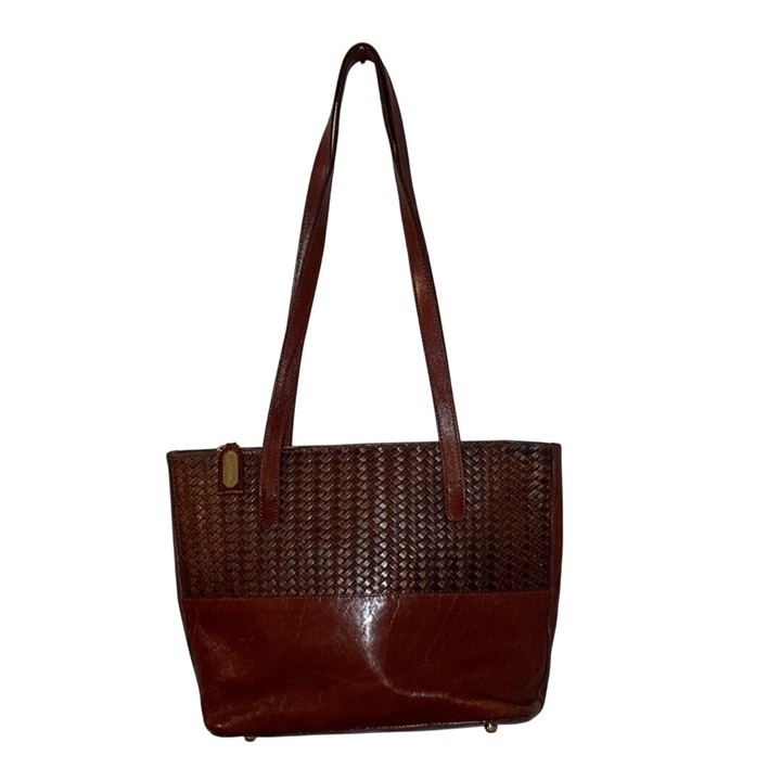 NWOT Vintage Y2K Brahmin Woven Cognac Brown Leather Shoulder Bag Handbag 2 Tone