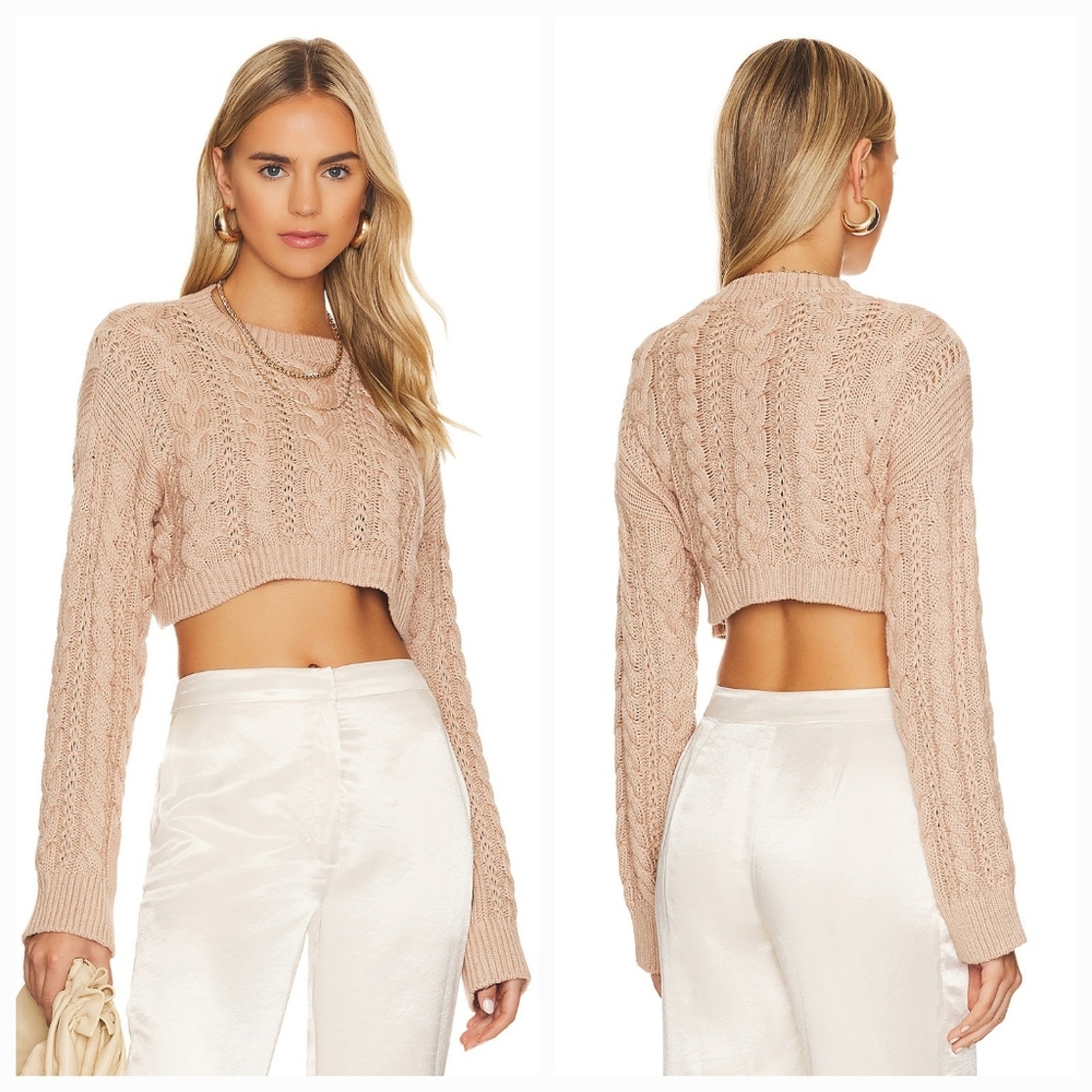 House of Harlow 1960 x REVOLVE Abia Cropped Cable Sweater in Tan LArge