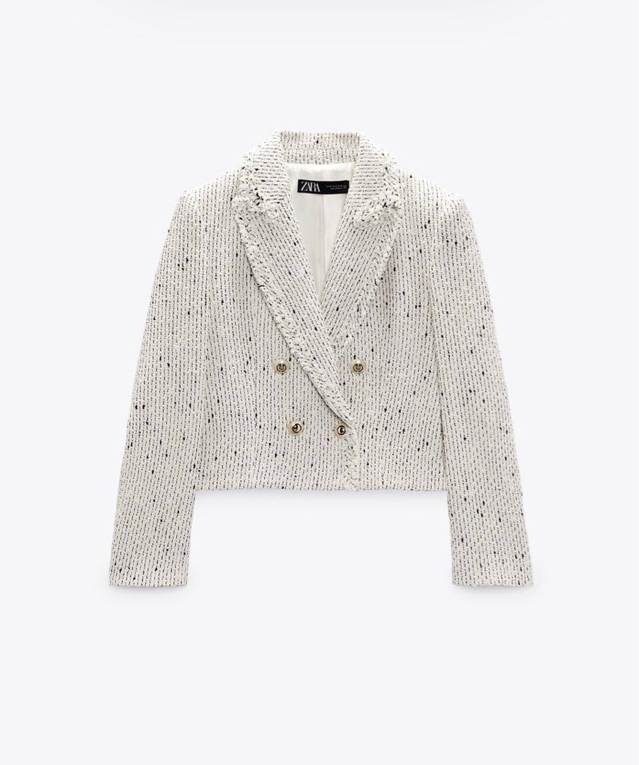 Zara blazer textured Women's White Tweed double breasted suit Jacket