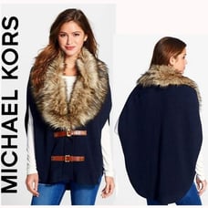 STUNNING MICHAEL KORS Angora Blend Buckle Poncho w/ Fur Collar in Navy/Camel