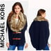 STUNNING MICHAEL KORS Angora Blend Buckle Poncho w/ Fur Collar in Navy/Camel