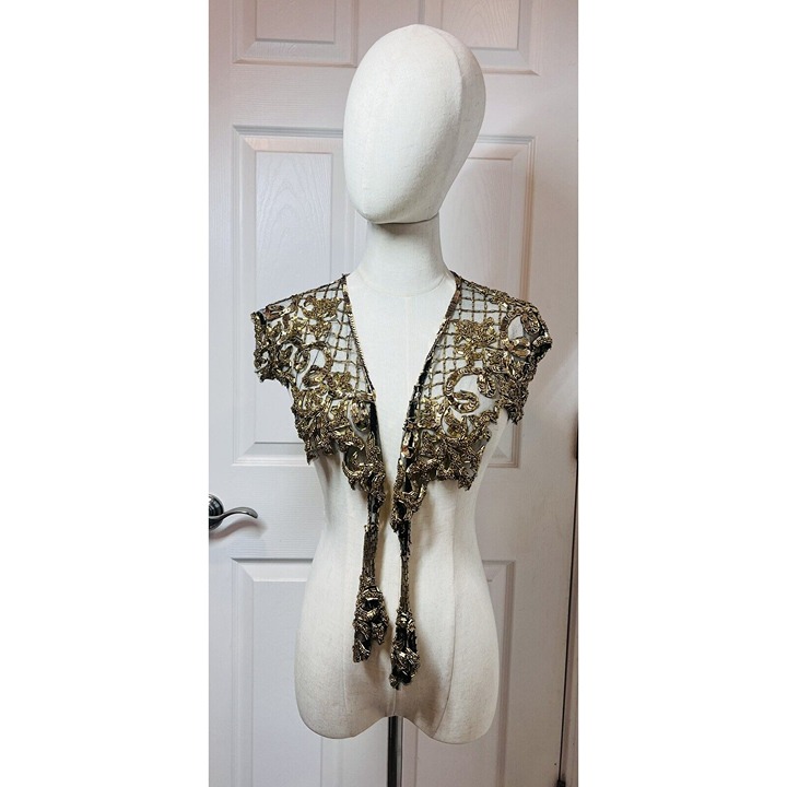 Vintage Sharmark Las Vegas Beaded and Sequined Gold Black Ladies Shawl