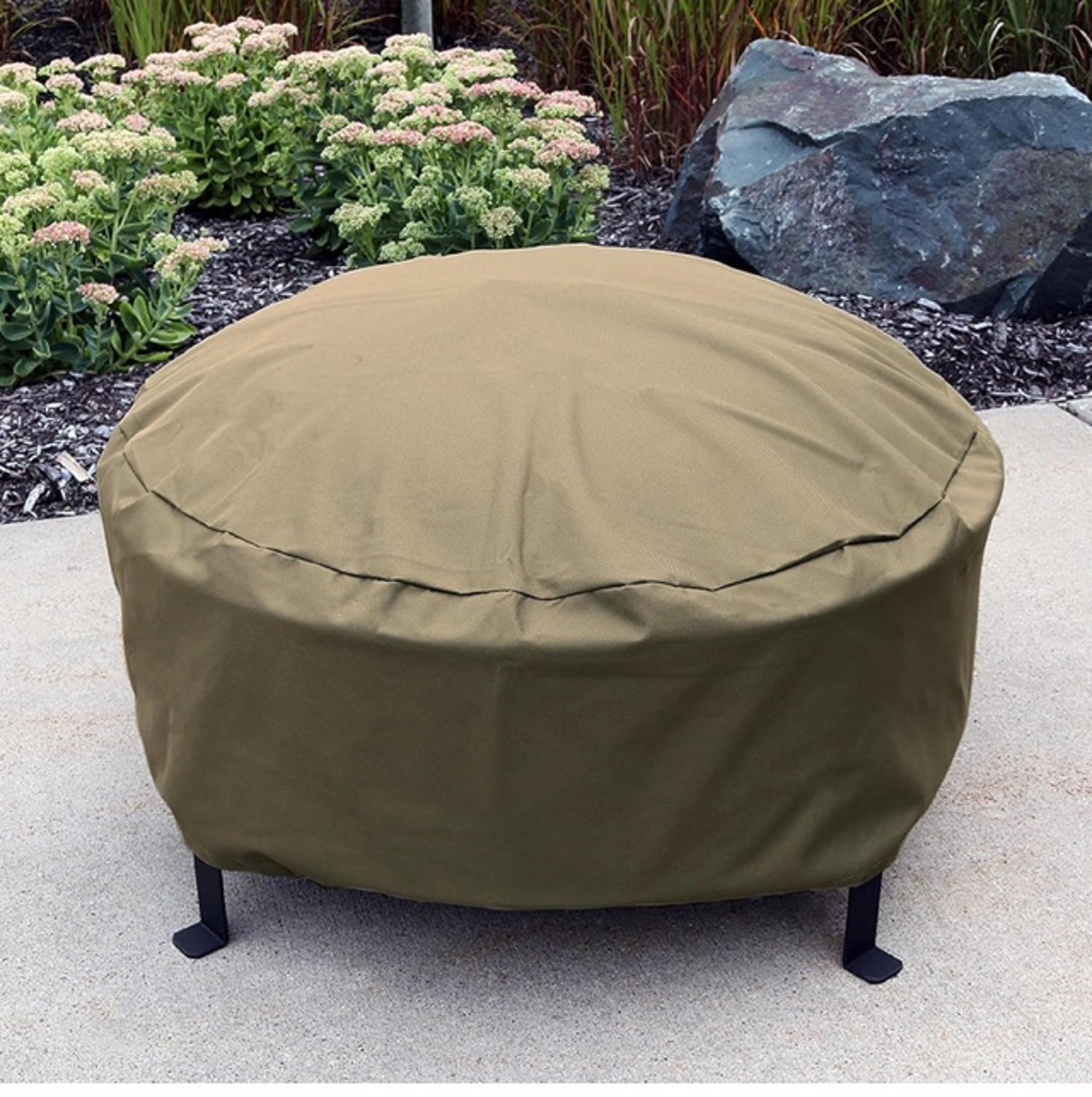 Sunnydaze 48” Round Khaki Outdoor Fire Pit Cover Heavy-Duty 300D Fabric Drawstri