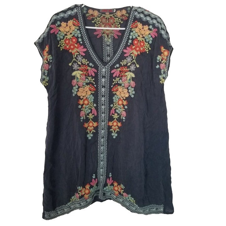 Johnny Was Womens Gray Floral Embroidered Cap Sleeves Heide Tunic Blouse Top